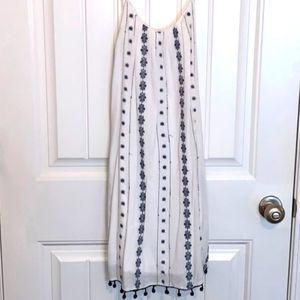 LUSH Anthropologie Embroidered Pom Pom Blue and White Dress